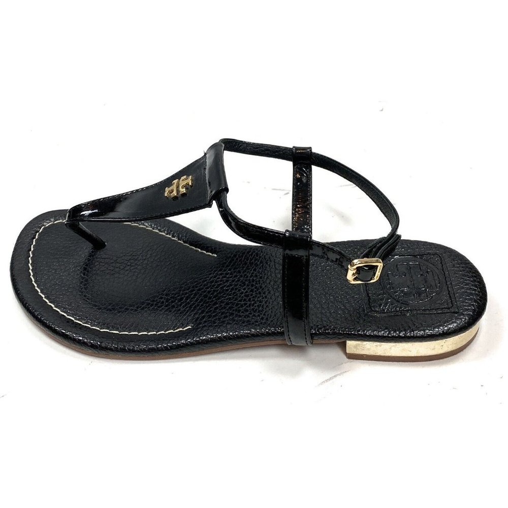 Tory Burch Black Leather Gold Logo Heel Thong Sandals Size 9